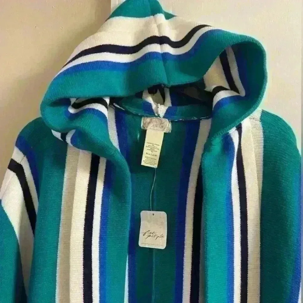 Free people‎ Boho Striped Hooded Poncho Teal Blue White Cozy Shawl Wrap One size